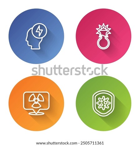 Set line Head and electric symbol, Test tube flask, Radioactive in location and Shield protecting from virus. Color circle button. Vector