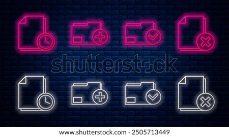 Set line Add new folder, Document folder and check mark, Document with clock and Delete file document. Glowing neon icon on brick wall. Vector