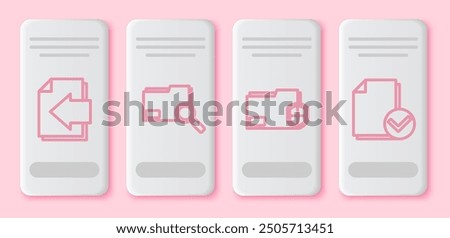 Set line Next page arrow, Search concept with folder, Document folder protection and Document and check mark. White rectangle button. Vector