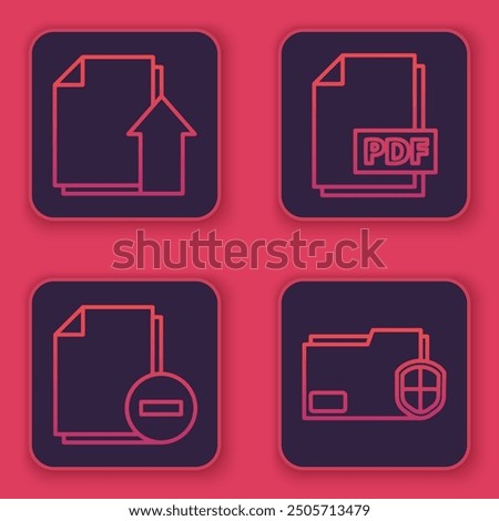 Set line Upload file document, Document with minus, PDF file document and Document folder protection. Blue square button. Vector