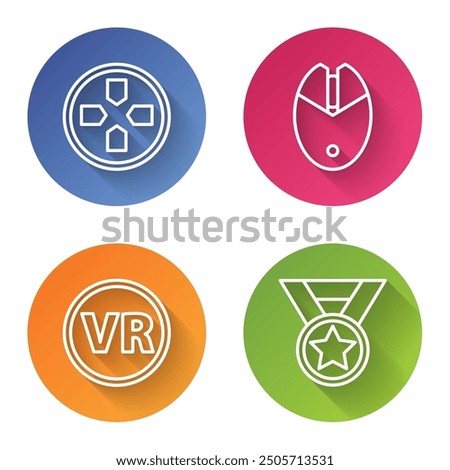 Set line Gamepad, Computer mouse gaming, Virtual reality glasses and Medal. Color circle button. Vector