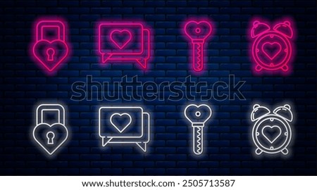 Set line Like and heart, Key in heart shape, Castle in the shape of a heart and Heart in the center alarm clock. Glowing neon icon on brick wall. Vector