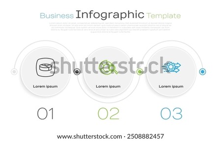 Set line Pie chart infographic, Search data analysis and Time management. Business infographic template. Vector