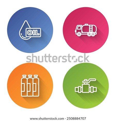 Set line Oil drop, Tanker truck, Industrial gas cylinder tank and Metallic pipes and valve. Color circle button. Vector