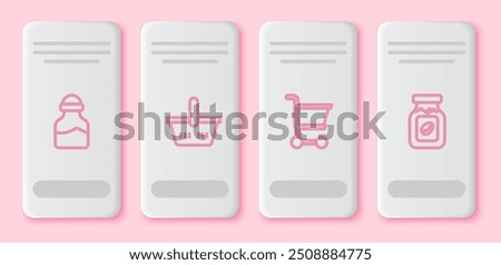 Set line Spice in can, Shopping basket, cart and Coffee jar bottle. White rectangle button. Vector