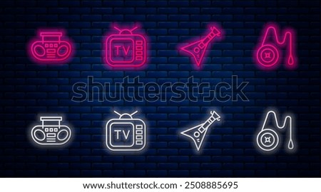 Set line Retro tv, Electric bass guitar, Home stereo with two speakers and Yoyo toy. Glowing neon icon on brick wall. Vector