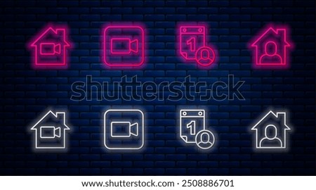 Set line Camera, Time management, Video camera Off in home and Online working. Glowing neon icon on brick wall. Vector