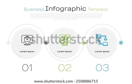 Set line Online working, Video camera Off on computer and . Business infographic template. Vector