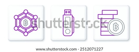 Set line Cryptocurrency coin Bitcoin, Blockchain technology and USB flash drive icon. Vector