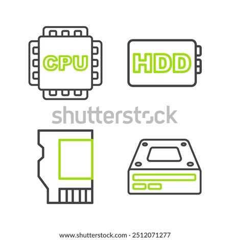 Set line Optical disc drive, SD card, Hard disk HDD and Processor with CPU icon. Vector