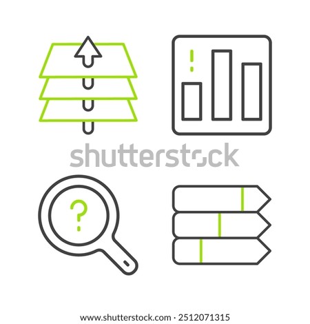 Set line Pie chart infographic, Unknown search,  and Layers icon. Vector