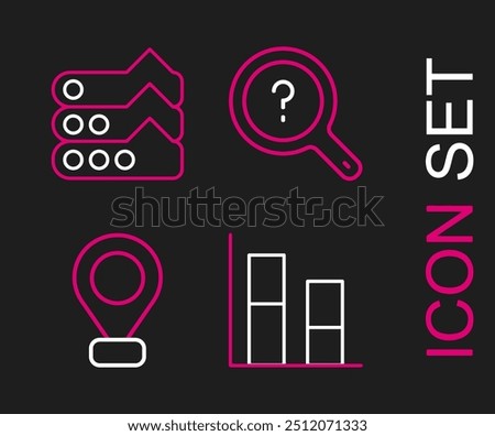 Set line Graph, chart, diagram, Location, Unknown search and  icon. Vector