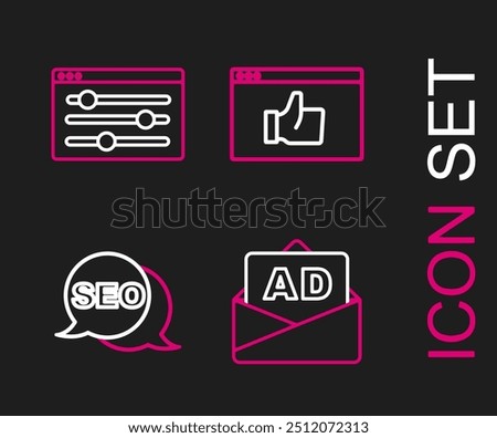 Set line Advertising, SEO optimization, Customer product rating and Browser setting icon. Vector