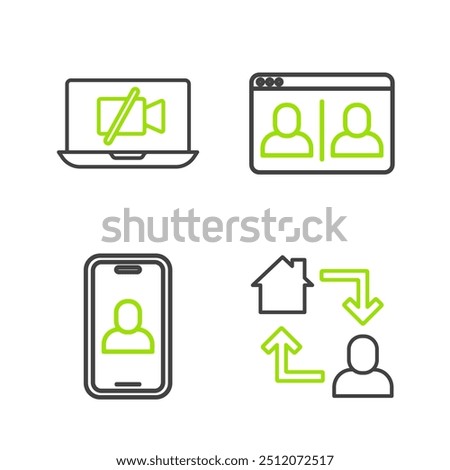 Set line Online working, Video chat conference,  and camera Off laptop icon. Vector