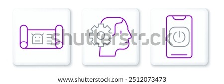 Set line Turn off robot from phone, Robot blueprint and Humanoid icon. Vector