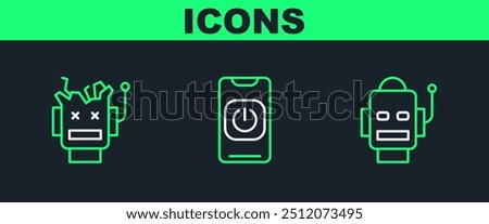 Set line Robot, Broken robot and Turn off from phone icon. Vector