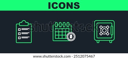 Set line Safe, Clipboard with checklist and Financial calendar icon. Vector