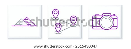 Set line Photo camera, Egypt pyramids and Route location icon. Vector