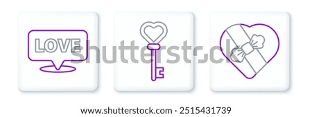 Set line Candy in heart shaped box, Speech bubble with text love and Key icon. Vector