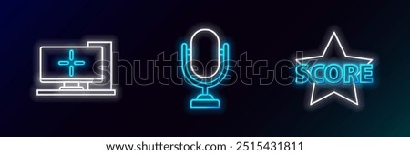 Set line Star, Computer monitor and Microphone icon. Glowing neon. Vector