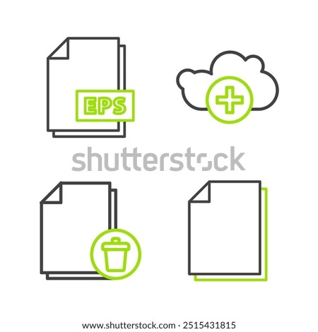 Set line Document, Delete file document, Add cloud and EPS icon. Vector