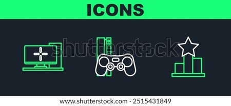 Set line Star, Computer monitor and Game console with joystick icon. Vector