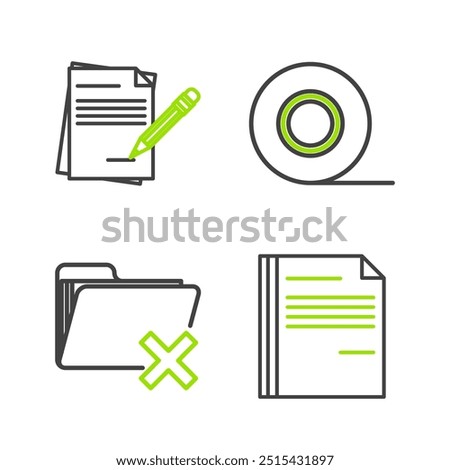 Set line File document, Delete folder, Scotch and Blank notebook and pencil with eraser icon. Vector