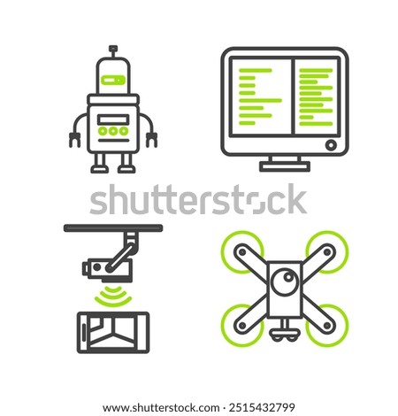 Set line Drone flying with action camera, Wireless Controlling CCTV security, Computer monitor screen and Robot icon. Vector