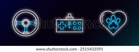 Set line Heart with animals footprint, Steering wheel and Gamepad icon. Glowing neon. Vector