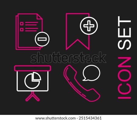 Set line Telephone handset and speech bubble chat, Presentation financial board with graph, schedule, chart, diagram, infographic, pie graph, Bookmark and Document minus icon. Vector