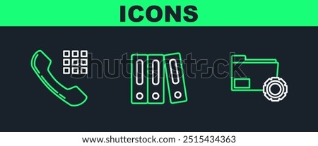 Set line Folder settings with gears, Telephone handset and Office folders papers documents icon. Vector