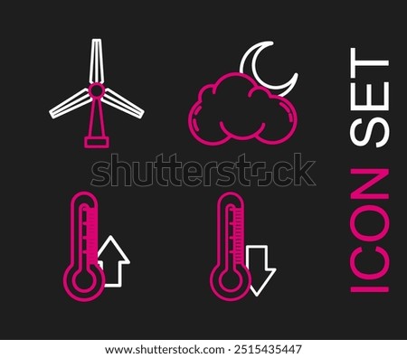 Set line Thermometer, Cloud with moon and stars and Wind turbine icon. Vector