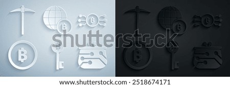 Set Cryptocurrency Bitcoin key, bitcoin circle with microchip circuit, wallet, Globe and cryptocurrency and Pickaxe icon. Vector