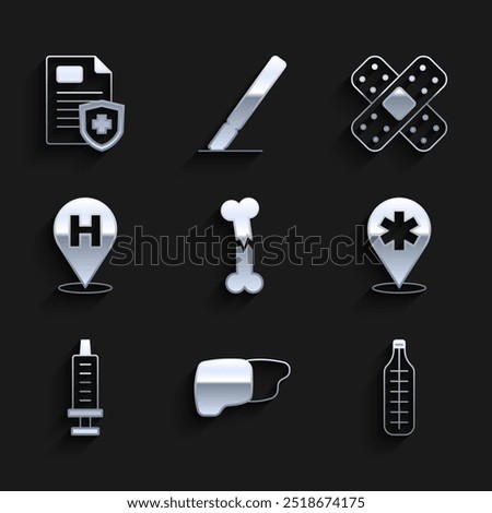 Set Human broken bone, organ liver, Medical thermometer, Location hospital, Syringe, Crossed bandage plaster and Patient record icon. Vector