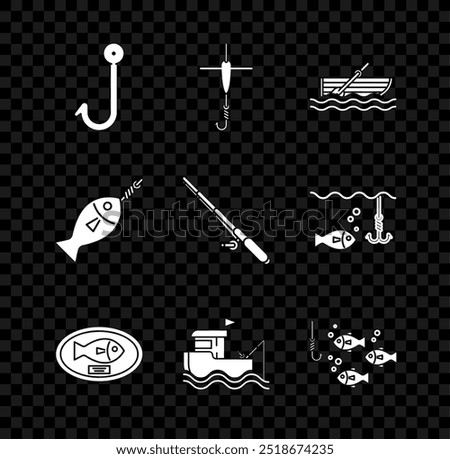 Set Fishing hook, and float, boat with oars on water, trophy hanging the board, fishing rod, under,  and  icon. Vector