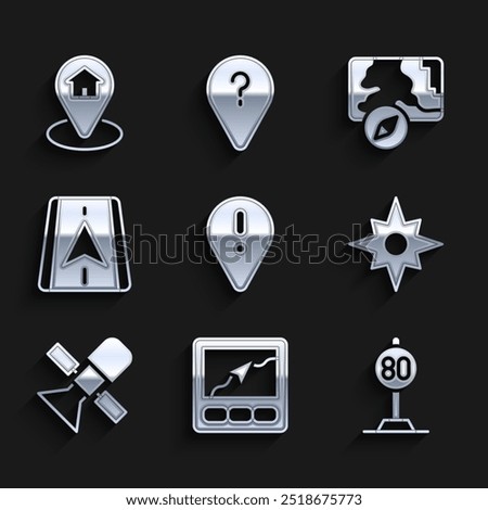 Set Location with exclamation mark, Gps device map, Speed limit traffic, Wind rose, Satellite, City navigation,  and house icon. Vector