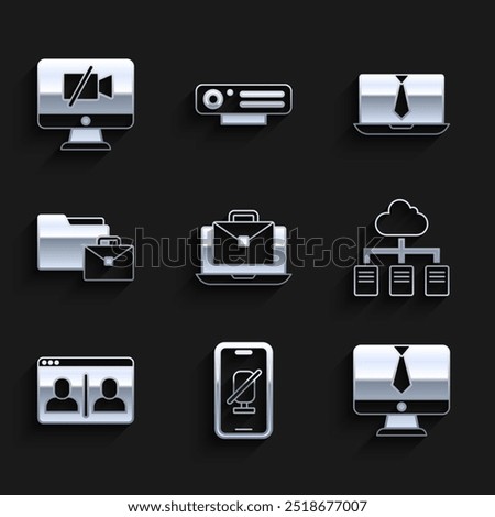 Set Online working, Mute microphone on mobile, Video chat conference,  and camera Off computer icon. Vector