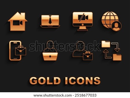 Set Freelancer, Cloud storage document folder, Video camera Off on computer, in home and chat conference icon. Vector