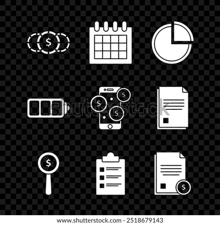 Set Coin money with dollar symbol, Calendar, Pie chart infographic, Magnifying glass and, Clipboard checklist, Finance document, Battery charge level indicator and Smartphone icon. Vector