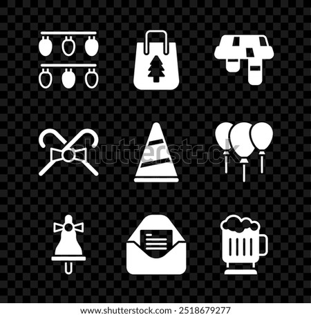 Set Christmas lights, shopping bag, Winter scarf, Merry ringing bell, party invitation card, Wooden beer mug, candy cane and Party hat icon. Vector