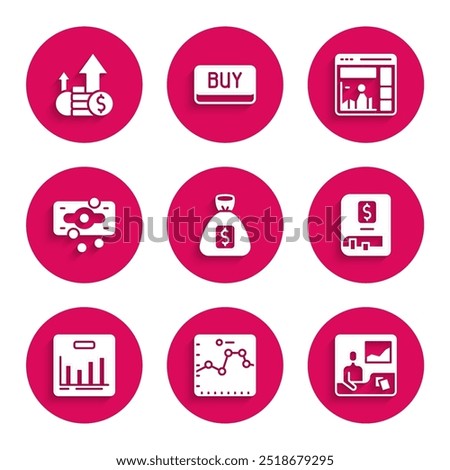 Set Money bag, Browser with growth graph, Trading courses, Financial book, Pie chart infographic, Stacks paper money cash, Website and and coin icon. Vector