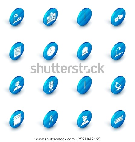 Set School building, Pencil with eraser, Ringing alarm bell, File document and paper clip, Student, Clock, Workplace table lamp open book and  icon. Vector