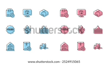 Set line Warehouse, Delete envelope, Carton cardboard box, Forklift truck, Unboxing, Container crane, rice tag with Free and Location icon. Vector