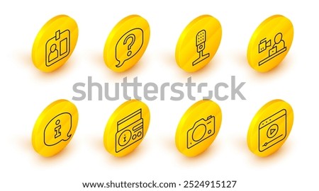 Set line Live stream, Photo camera, News on radio channel, Information, Breaking news, Microphone, Speech bubble chat and Journalist id card icon. Vector