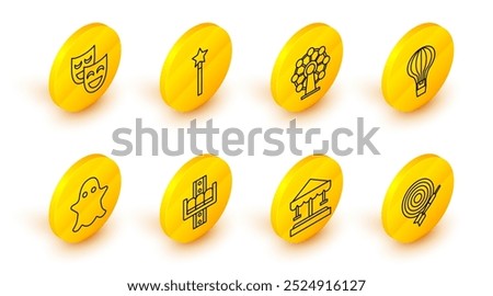 Set line Classic dart board and arrow, Attraction carousel, Ghost, Hot air balloon, Ferris wheel, Magic wand and Comedy theatrical masks icon. Vector