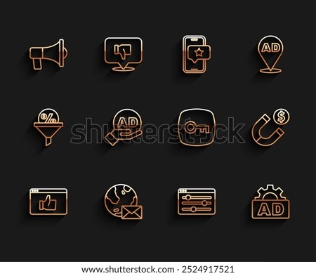 Set line Customer product rating, Earth globe with mail, Megaphone, Browser setting, Advertising, Magnet money and Key icon. Vector