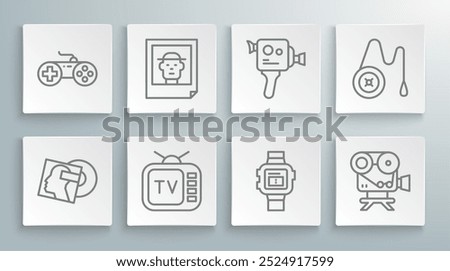 Set line Vinyl disk, Photo, Retro tv, Wrist watch, cinema camera, Yoyo toy and Gamepad icon. Vector