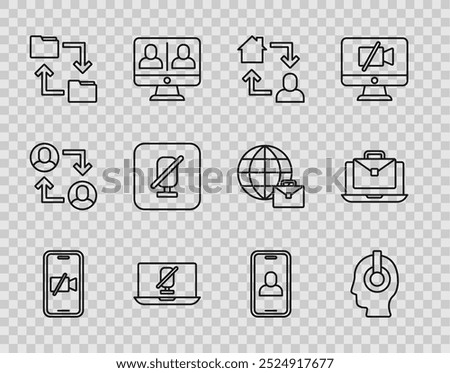 Set line Video camera Off on mobile, Freelancer, Online working, Mute microphone laptop, Cloud storage document folder, chat conference and  icon. Vector