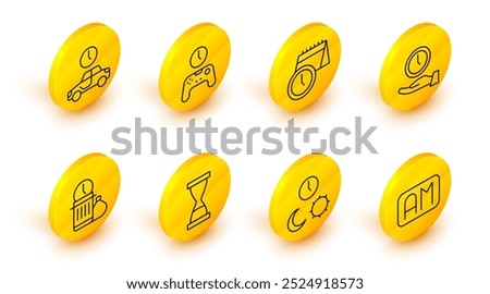 Set line Morning time, Day and night with, Old hourglass sand, Waste of, Clock, Calendar clock, Gamepad and Time to travel icon. Vector