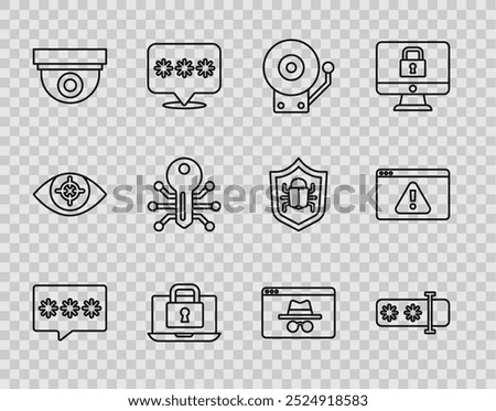 Set line Password protection, Ringing alarm bell, Laptop and lock, Security camera, Smart key, Browser incognito window and with exclamation mark icon. Vector